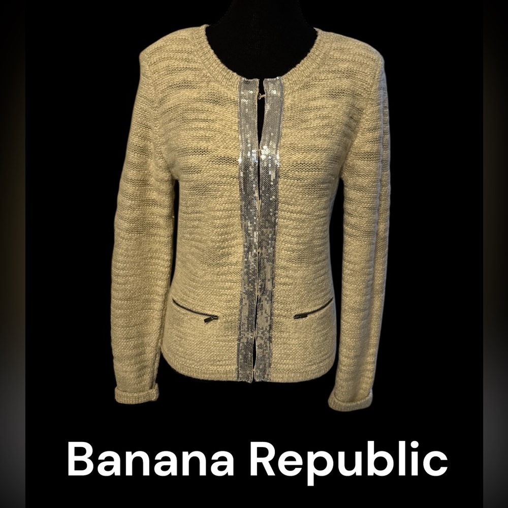 Banana Republic Cream Knit Jacket with Silver Sequin Trim